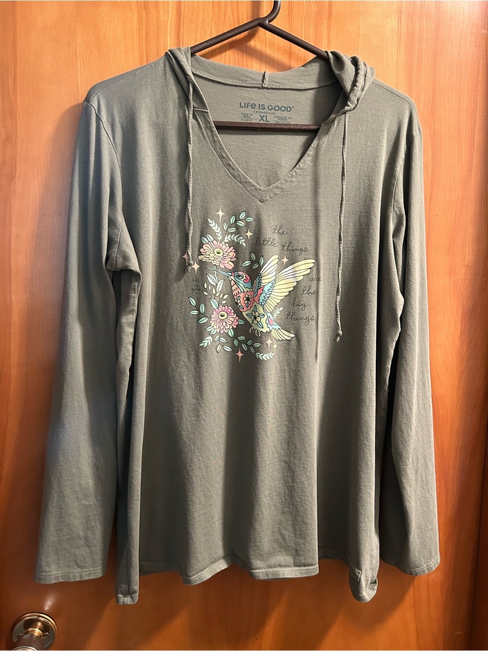 Life Is Good Olive Green Hooded V‑Neck Top with Colorful Bird Print